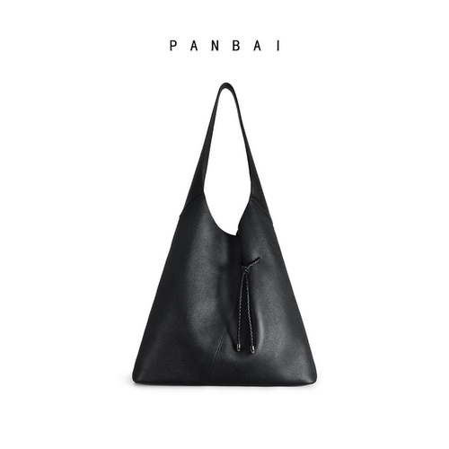 PANBAI黑色荔枝纹小牛皮水桶包