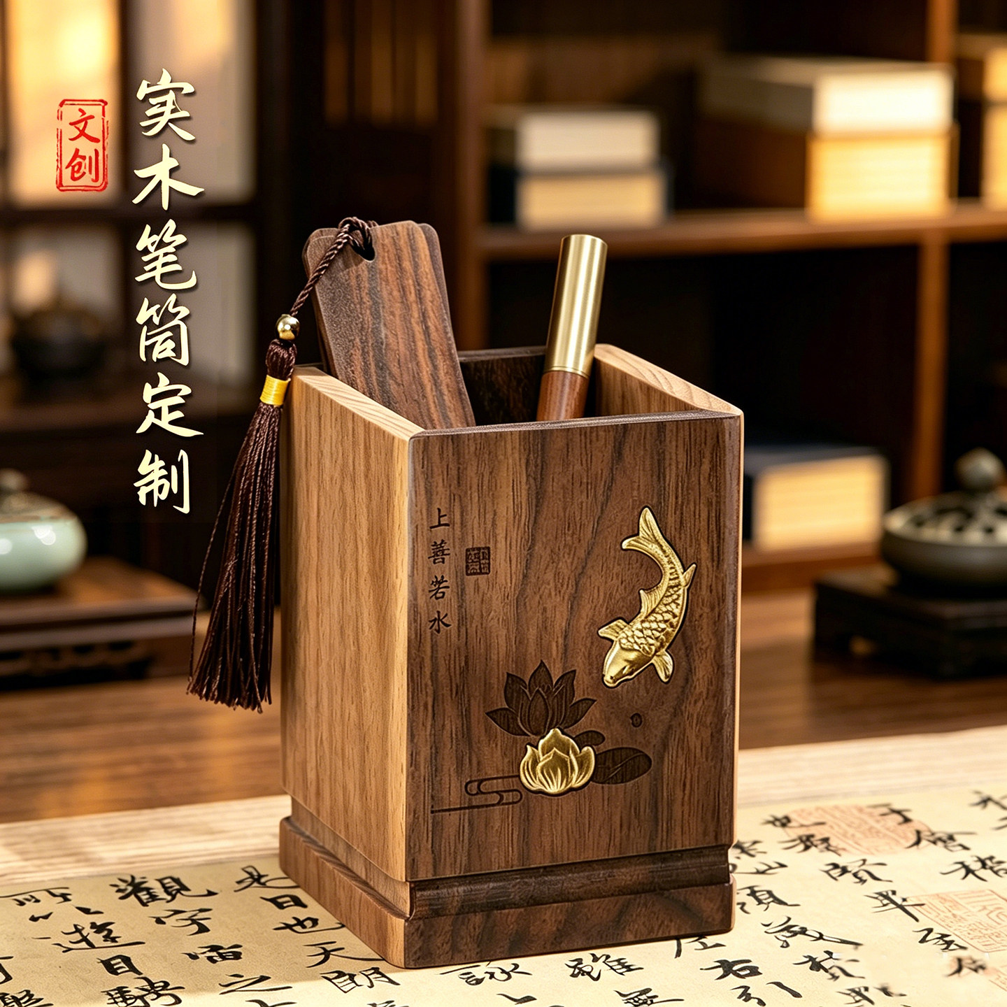 实木笔筒定制毕业季送老师同学文创礼物笔筒教师节黑胡桃实木简约办公室桌面收纳摆件古风中高考金榜题名礼盒