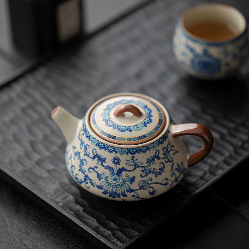 米黄汝窑茶壶青花瓷三才盖碗茶杯功夫茶具西施壶开片可养泡茶单壶