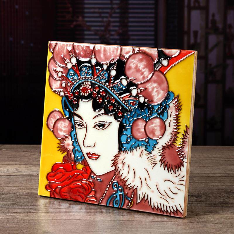 陶瓷手绘瓷板画京剧脸谱客厅玄关装饰画餐厅火锅店正方形无框挂画