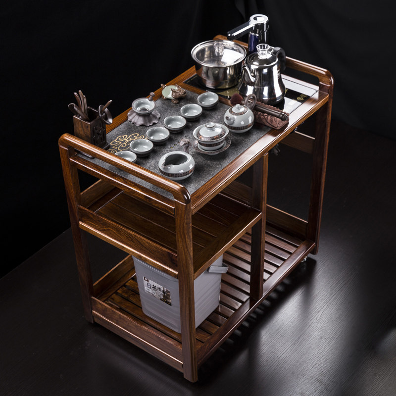 汇享花梨木可移动茶车乌金石茶盘实木带轮茶台水柜茶桌茶具套装