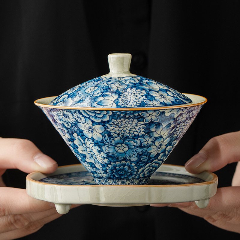 泥土故事青花斗笠盖碗茶杯高端茶具套装陶瓷家用单个三才泡茶碗