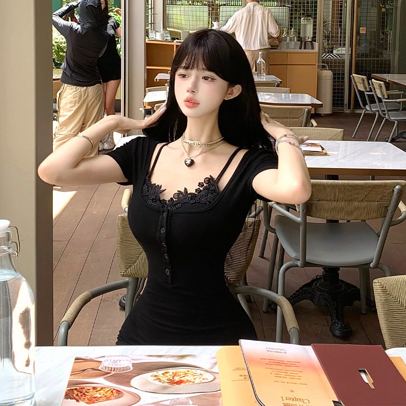 黑色连衣裙新款纯欲风假两件短袖修身显瘦花边吊带连衣裙鱼尾长裙