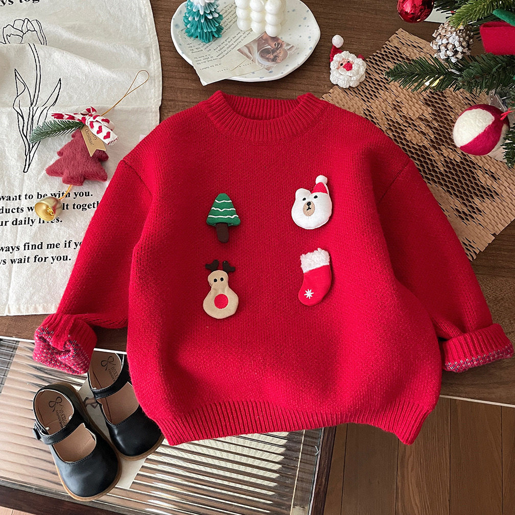儿童安可拉红毛衣圣诞新年元旦卡通立体男女宝毛线针织上衣套头衫