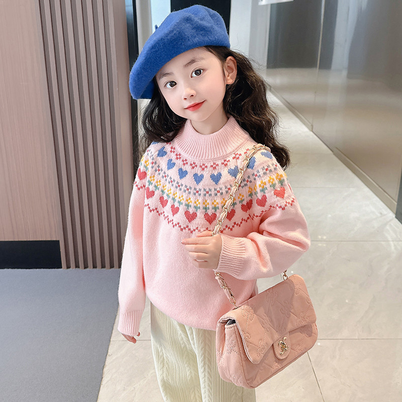 秋冬女童毛衣2026新款提花复古针织衫洋气儿童爱心长袖套头上衣