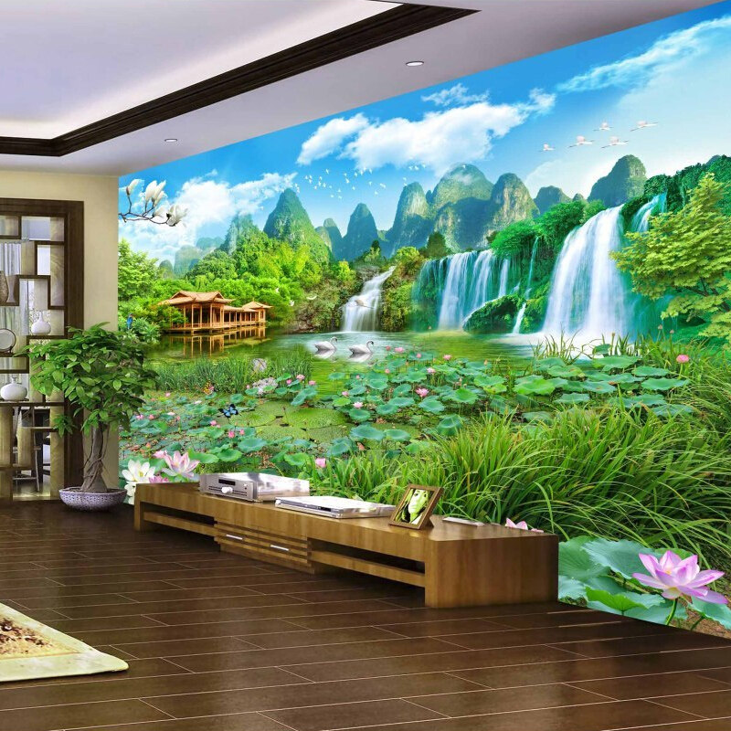 3D大型壁画客厅电视背景墙沙发壁纸中式8D山水国画风景墙纸无缝画