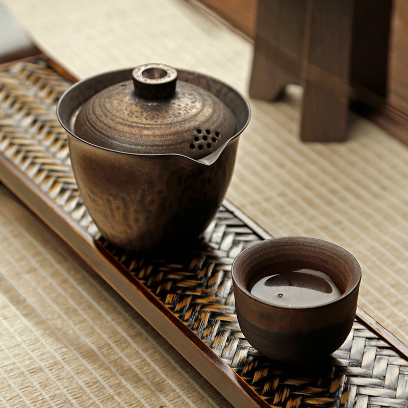 粗陶泡茶器三才盖碗茶杯 手抓壶单个敬茶碗 功夫茶具陶瓷套装大号