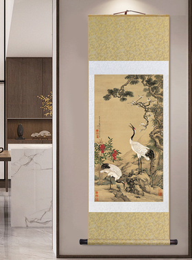 名家沈铨松梅双鹤图卷轴挂画仙鹤图立轴装饰画玄关画书房茶室壁画