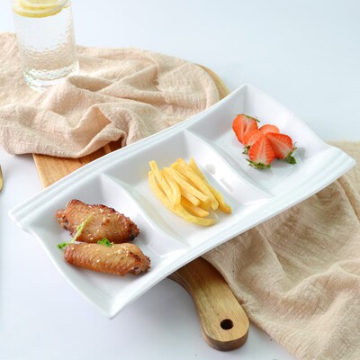 纯白陶瓷分格餐盘零食小吃点心盘三格冷菜盘长方酱料碟佐料盘子