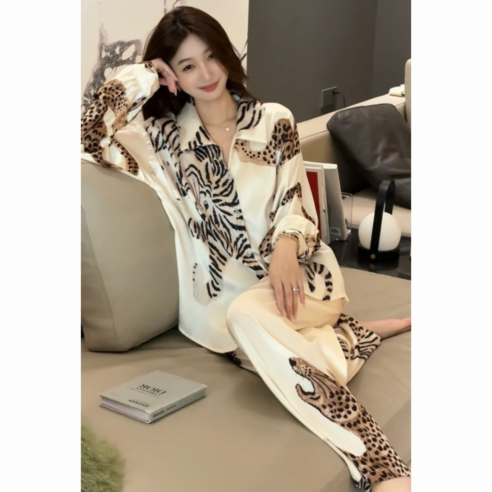 轻奢豹纹缎面衬衫睡衣套装女