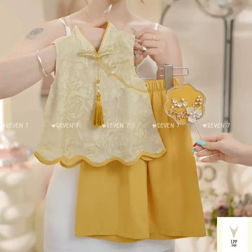 清仓女童2025夏季新款中国风设计感提花盘扣汉服马甲花苞短裤两件