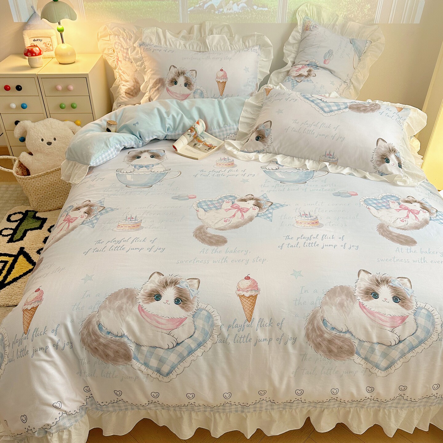 【星星与花】Lolita甜品猫全棉纯棉床上四件套宿舍三件套蓝色清新