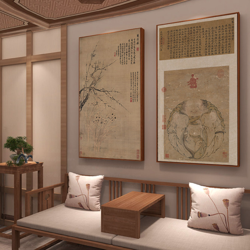 一团和气中式客厅沙发背景墙装饰画餐厅玄关壁画梅花兰花茶室挂画