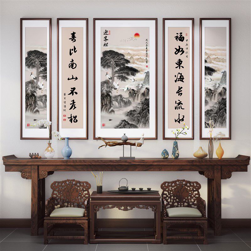 五联画中堂画农村大堂屋山水靠山客厅大气装饰画客松仙鹤延年壁画