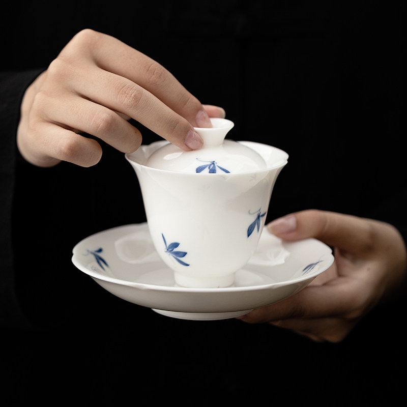 秋水兰花纯手绘美人盖碗茶杯单个陶瓷茶碗带盖家用泡茶器防烫