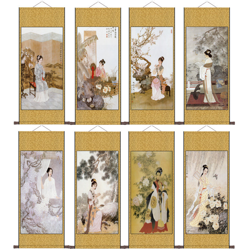 读书仕女古典仕女挂画书房卷轴画茶楼琴房装饰画丝绸画国画美人图