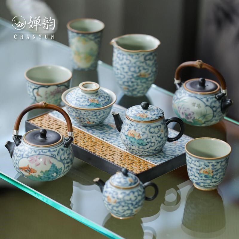 婵韵朴云堂祥云莲花盖碗茶壶茶杯茶盘青花斗彩开窗荷花锦鲤提梁壶