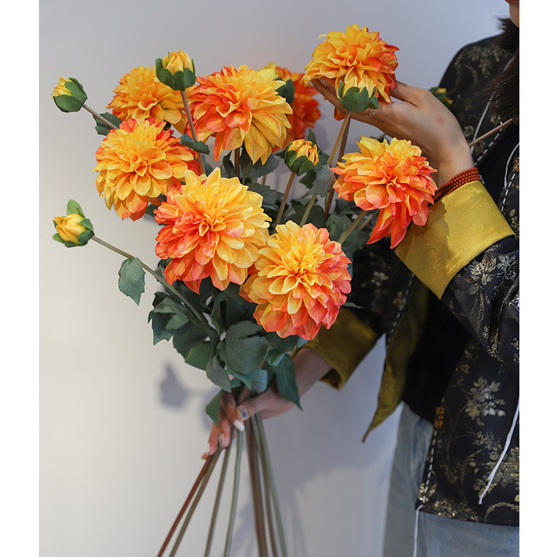 芙菡仿真花大丽花假花复古油画风客厅玄关电视柜插花摆件绢花婚庆