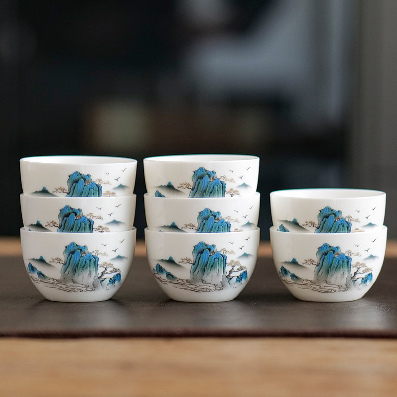 白瓷功夫茶杯套装品茗杯子小茶盏带杯架茶具家用个人单杯喝茶通用