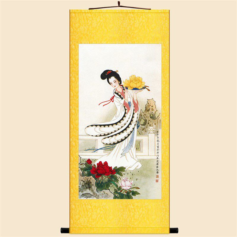 牡丹仙子图 仕女花神丝绸画 绢布卷轴画中式复古书房装饰画定制