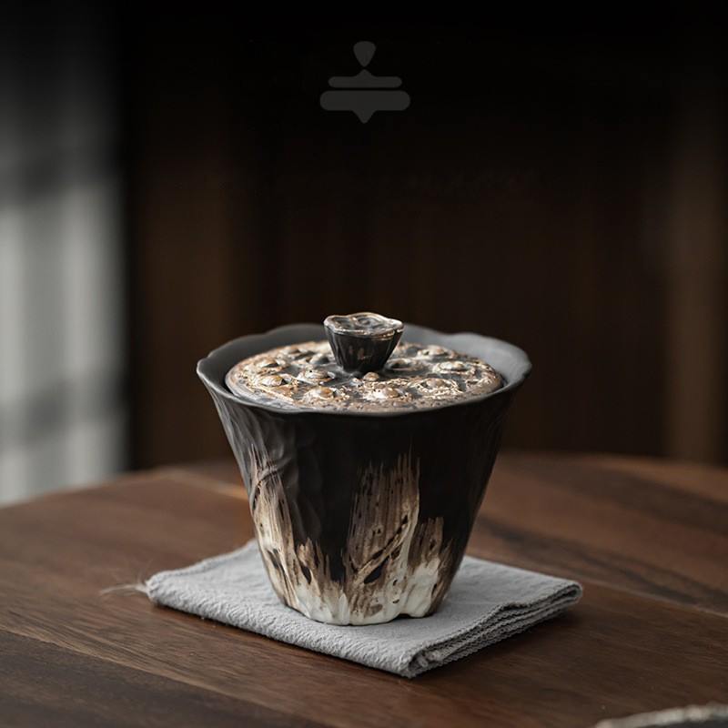 设计款不规则盖碗粗陶手工浮雕大号茶碗泡茶杯功夫茶具仿古泡茶器
