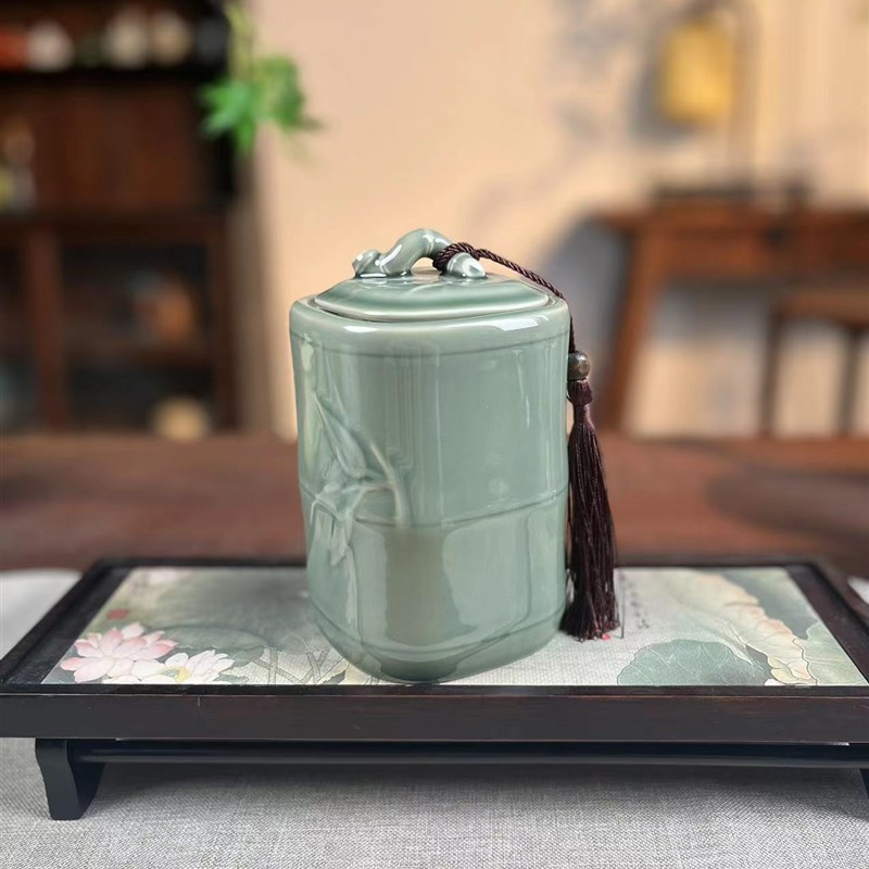 复古青瓷竹节高升茶叶罐中式储茶罐密封茶道醒茶罐 A9000