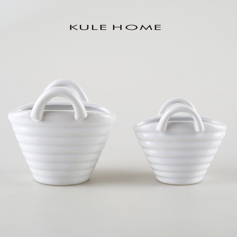 KULE HOM 田园风复古螺纹陶瓷花篮置物摆件插花民宿花瓶隔板装饰