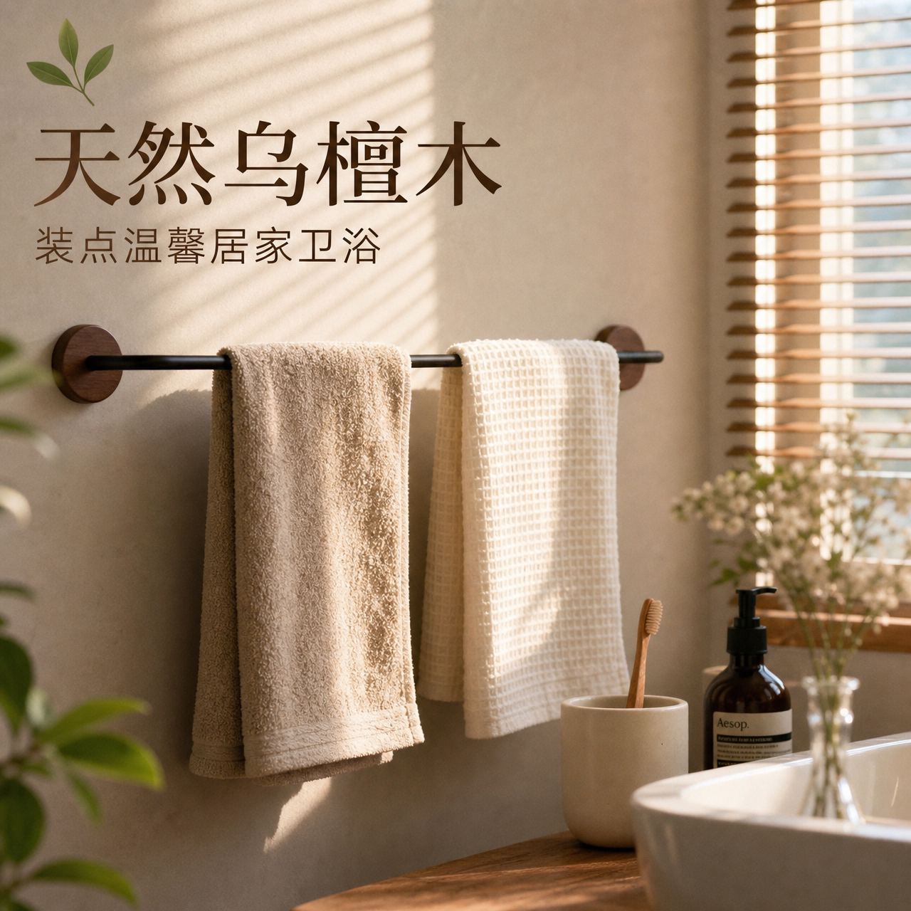 乌檀木免打孔原木风黑色毛巾架