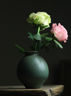 手工复古粗陶窑变釉桌面小花瓶复古陶瓷插花水培花器家居装饰摆件