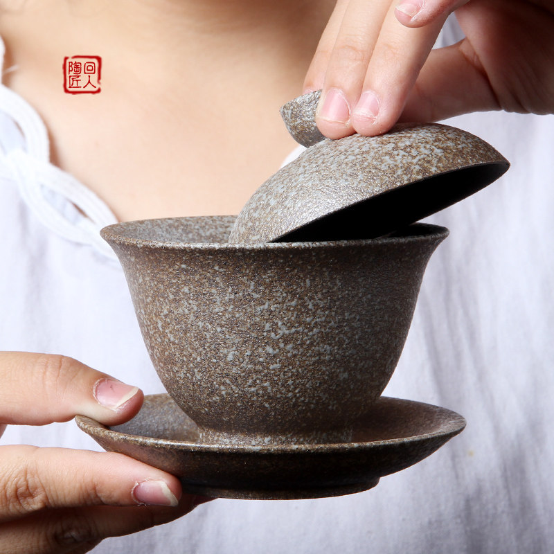 粗陶原矿黑陶三才盖碗功夫茶具陶瓷大号碗敬茶杯茶碗介杯茶壶