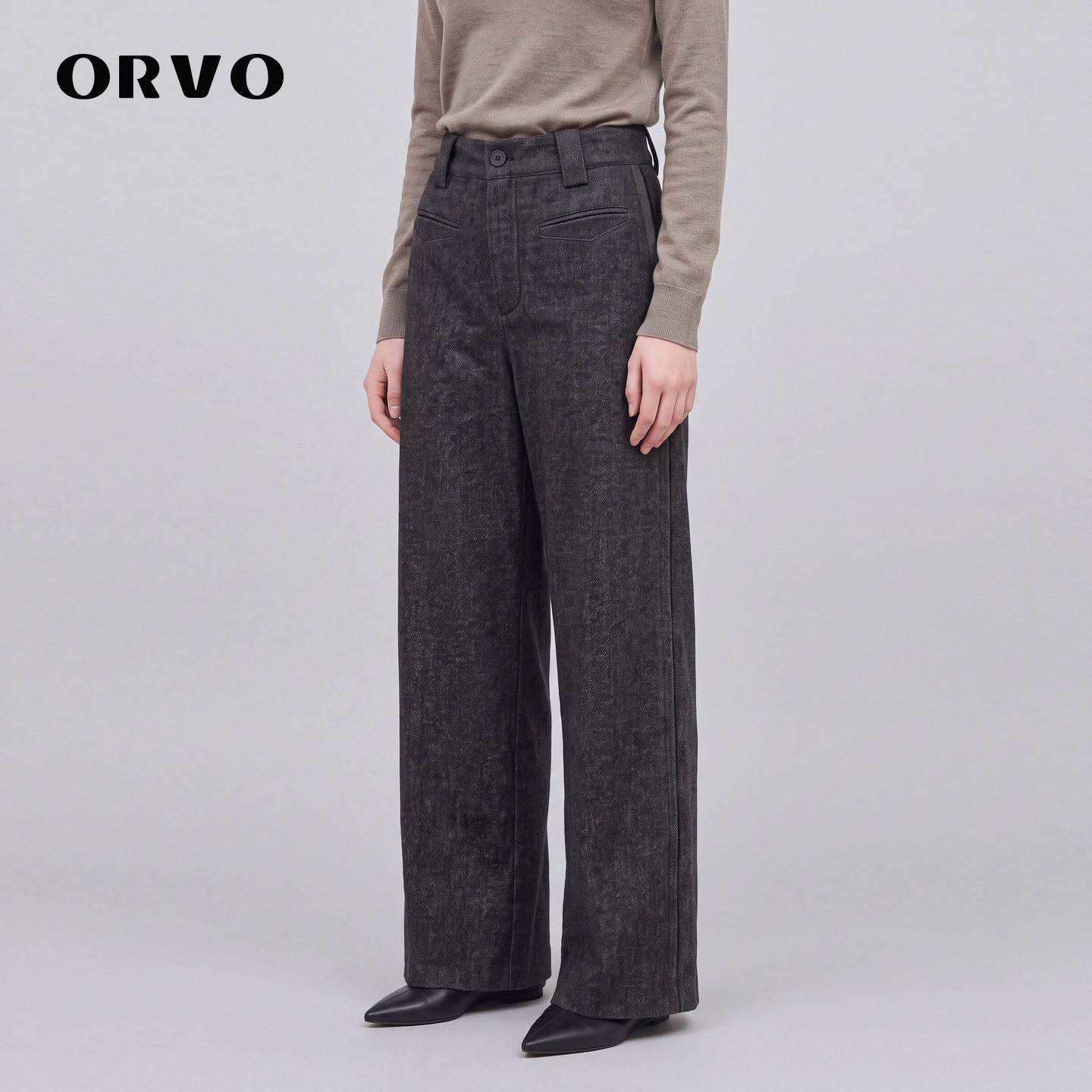 ORVO2026秋冬前口袋高腰羊毛休闲显瘦气质通勤复古女直筒裤