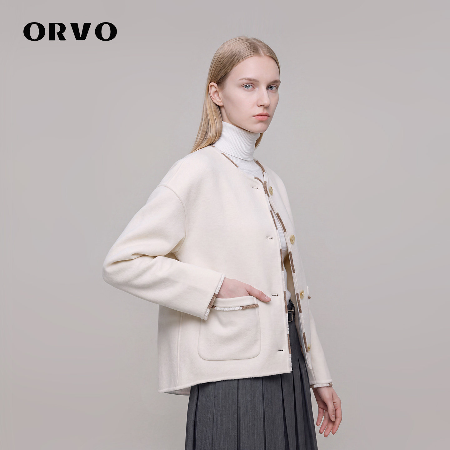 ORVO秋冬小香风撞色短款女大衣