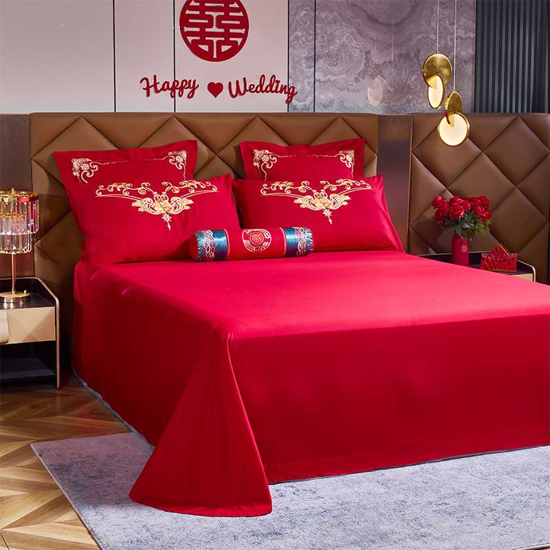 婚庆四件套全棉刺绣结婚纯棉大红色婚房礼绣花床品喜被床上用品