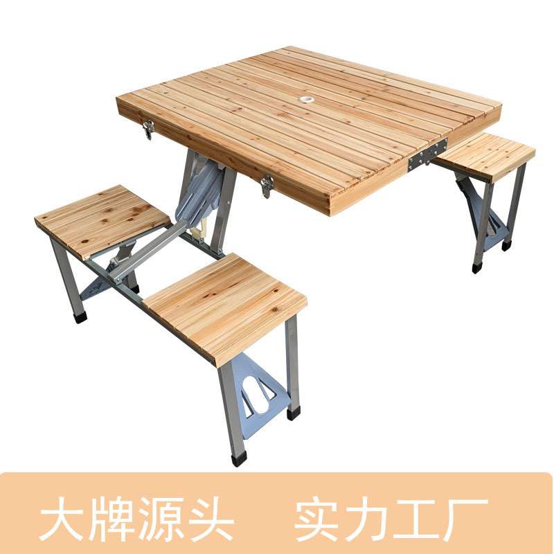 跨境户外桌连体折叠一桌四椅实木野营餐桌椅套装便携式广告桌子