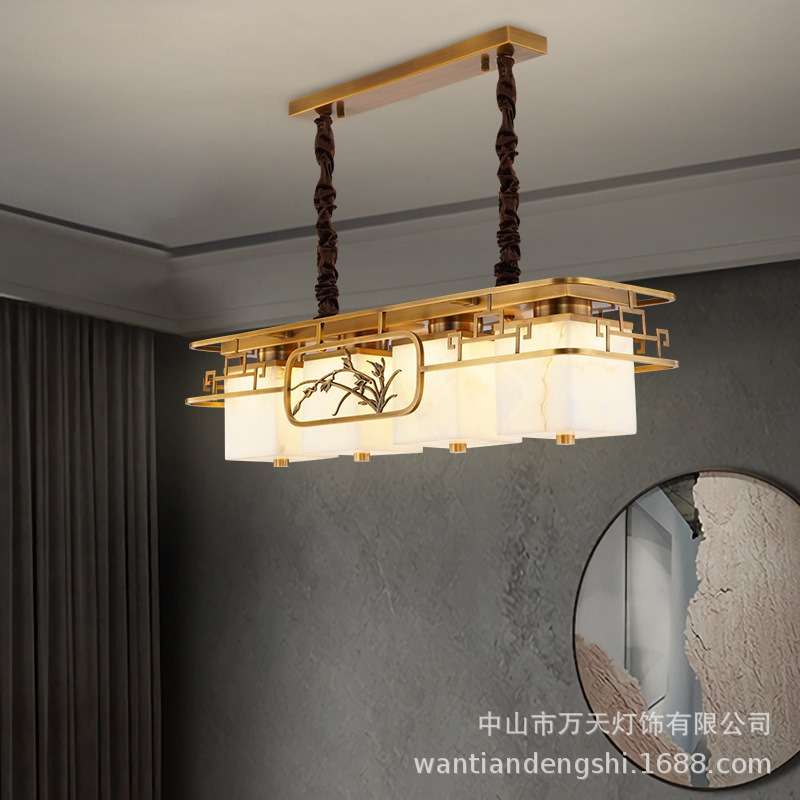 新中式餐厅云石蜡烛吸顶吊灯全铜长方形三四头客厅禅意书房灯具