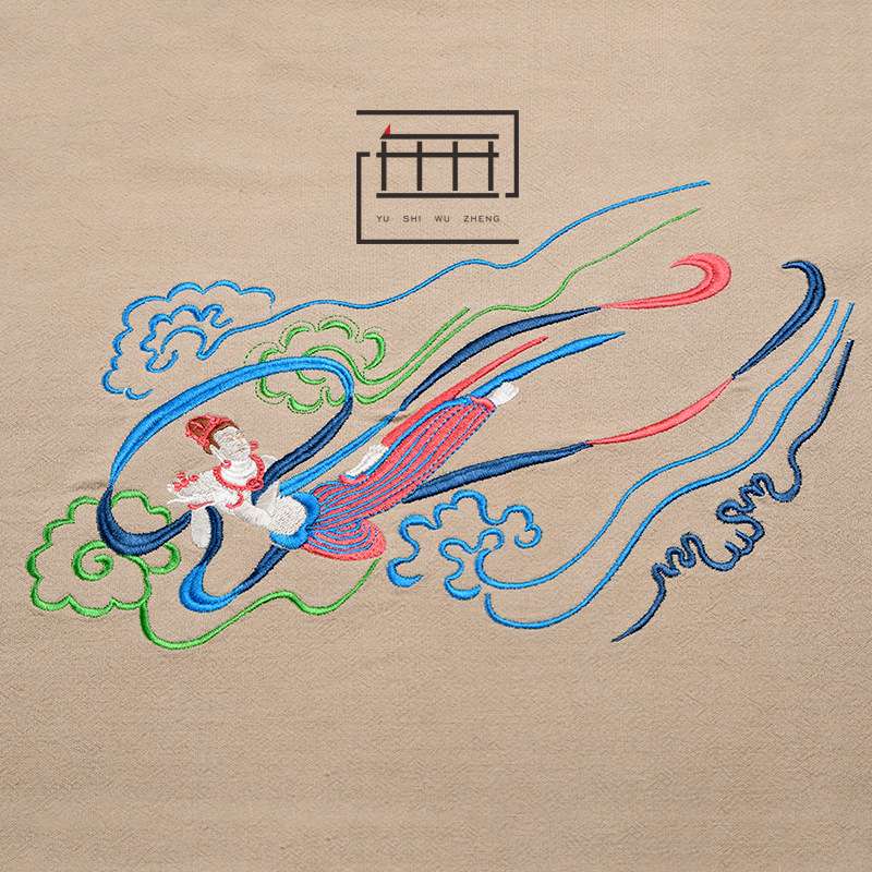 捧花飞天刺绣茶席 创意敦煌壁画衍生品布艺桌旗 茶道配件可绣logo