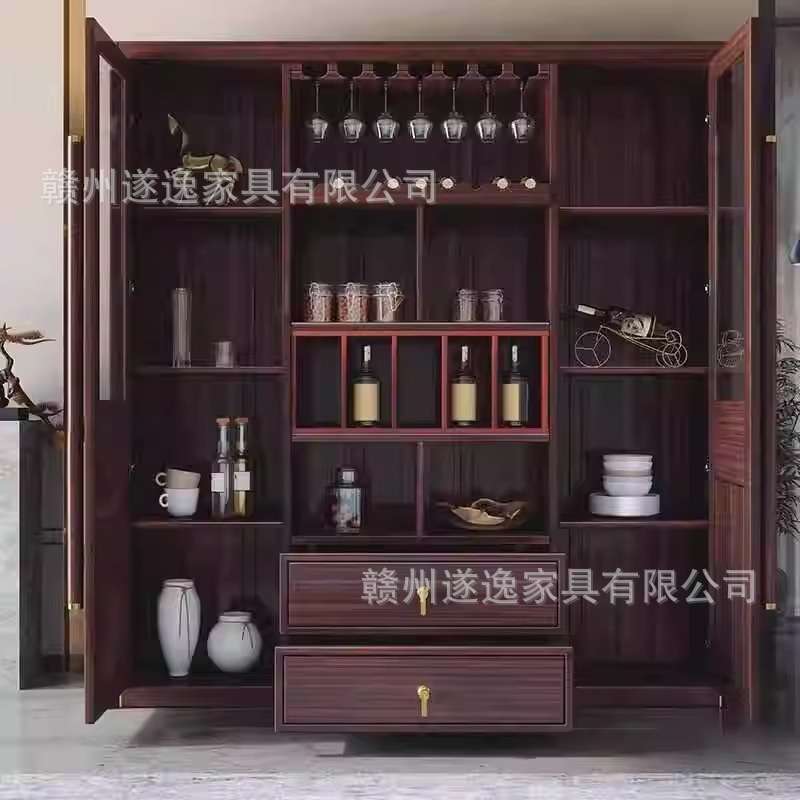 乌金木酒柜餐边柜一体靠墙展示柜客厅储物柜红酒洋新中式实木酒柜