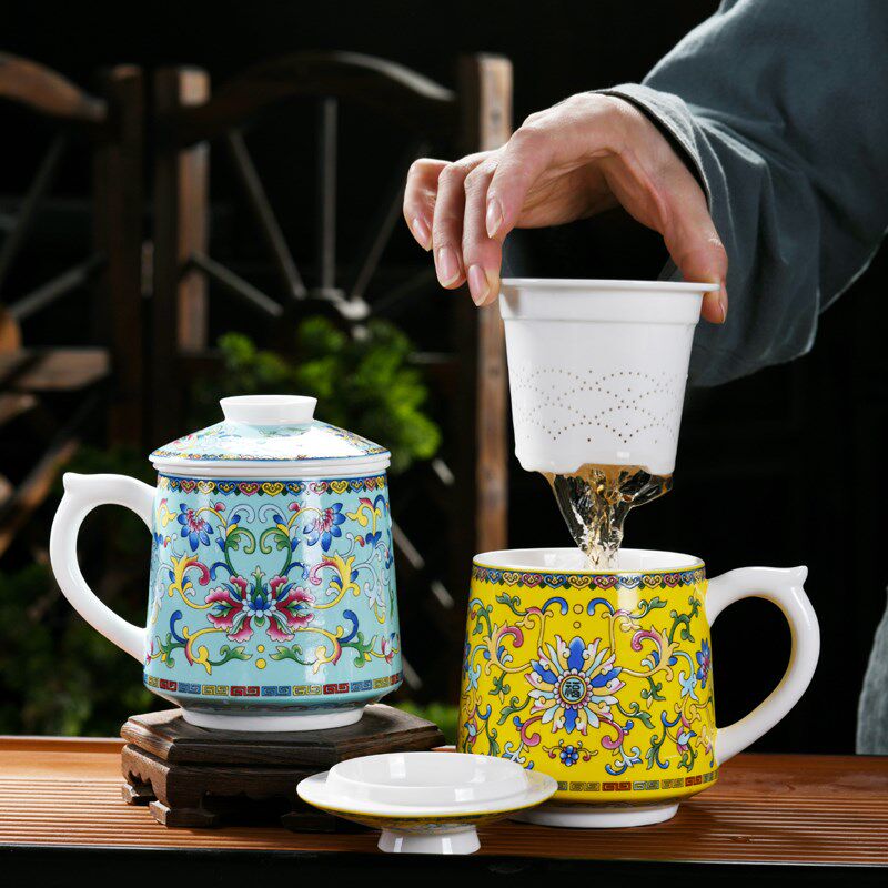陶瓷茶杯办公杯水杯会议杯带盖描金家用带过滤茶具泡茶杯珐琅彩