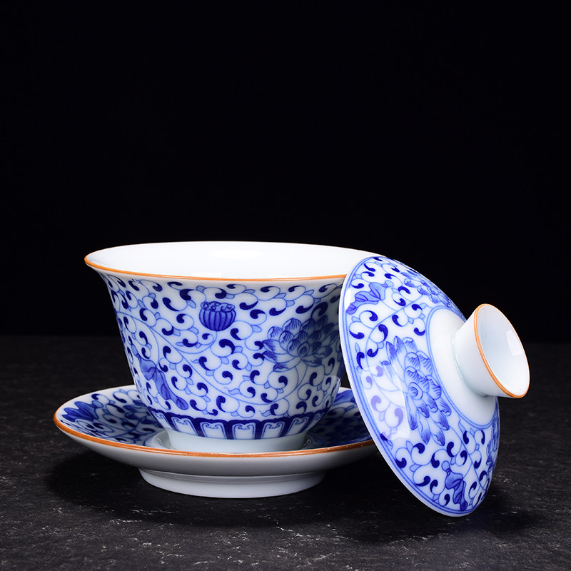 盖碗陶瓷缠枝莲三才盖碗茶杯青花瓷盖碗茶杯功夫茶具中号三才茶碗