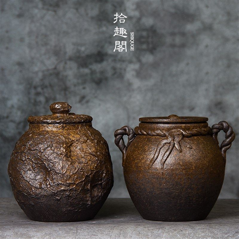 纯手工粗陶茶叶罐复古土陶存茶罐普洱黑茶陶瓷醒茶罐茶仓非密封罐