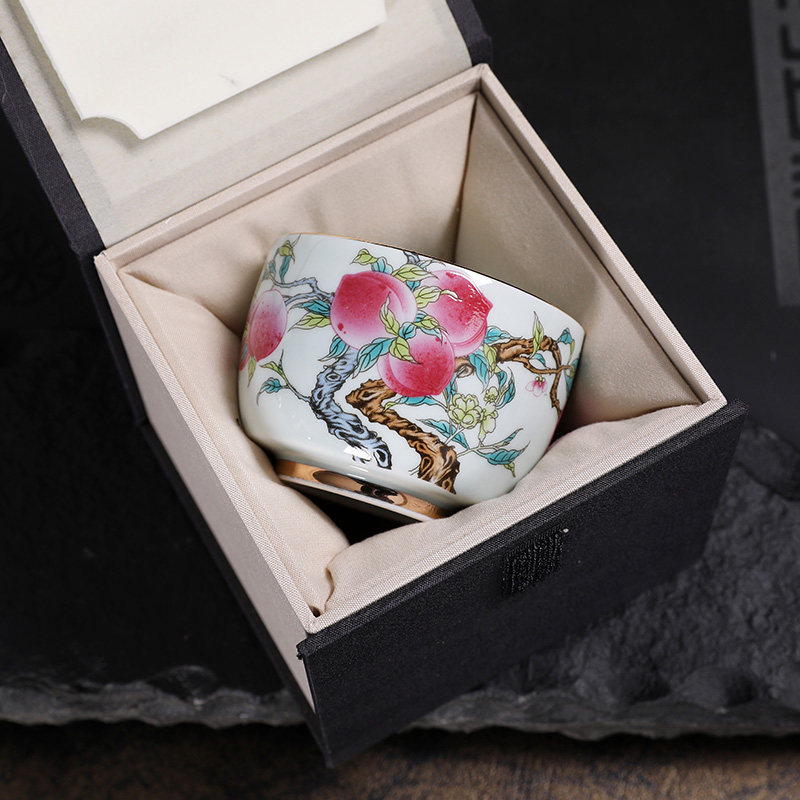 粉彩九桃茶杯单个陶瓷仿古主人杯寿桃品茗杯茶盏功夫茶具茶碗单杯