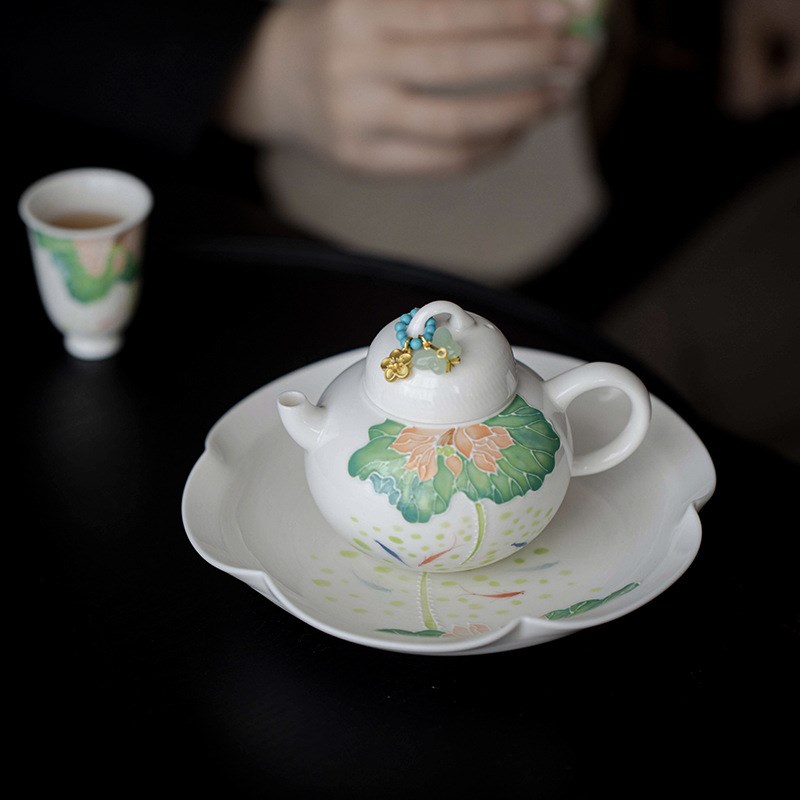 手绘锦鲤荷花陶瓷茶壶小号单个泡茶壶功夫茶具家用小茶壶