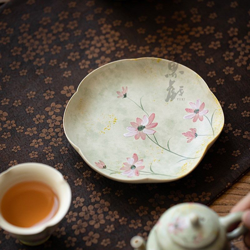 鱼戏粉引纯手绘格桑花陶瓷茶盘壶承家用干泡台茶壶茶具茶托盘茶台