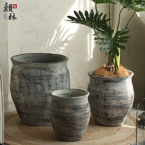 复古创意镁泥大花盆侘寂风花瓶客厅阳台酒店庭院大号落地花器装饰