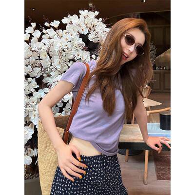炽火火 正肩短袖t恤女2026新款紫色纯棉显瘦显身材圆领短款上衣