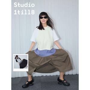 Studio1till8 蓝白格纹/黑灰格纹 拼接假两件宽松长版短袖洋装