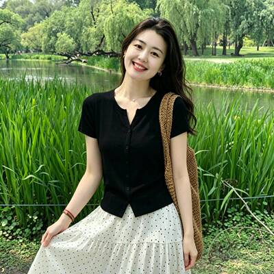 超级精致显瘦配裙子上衣！冰丝针织衫女夏季弹力修身T恤短袖开襟