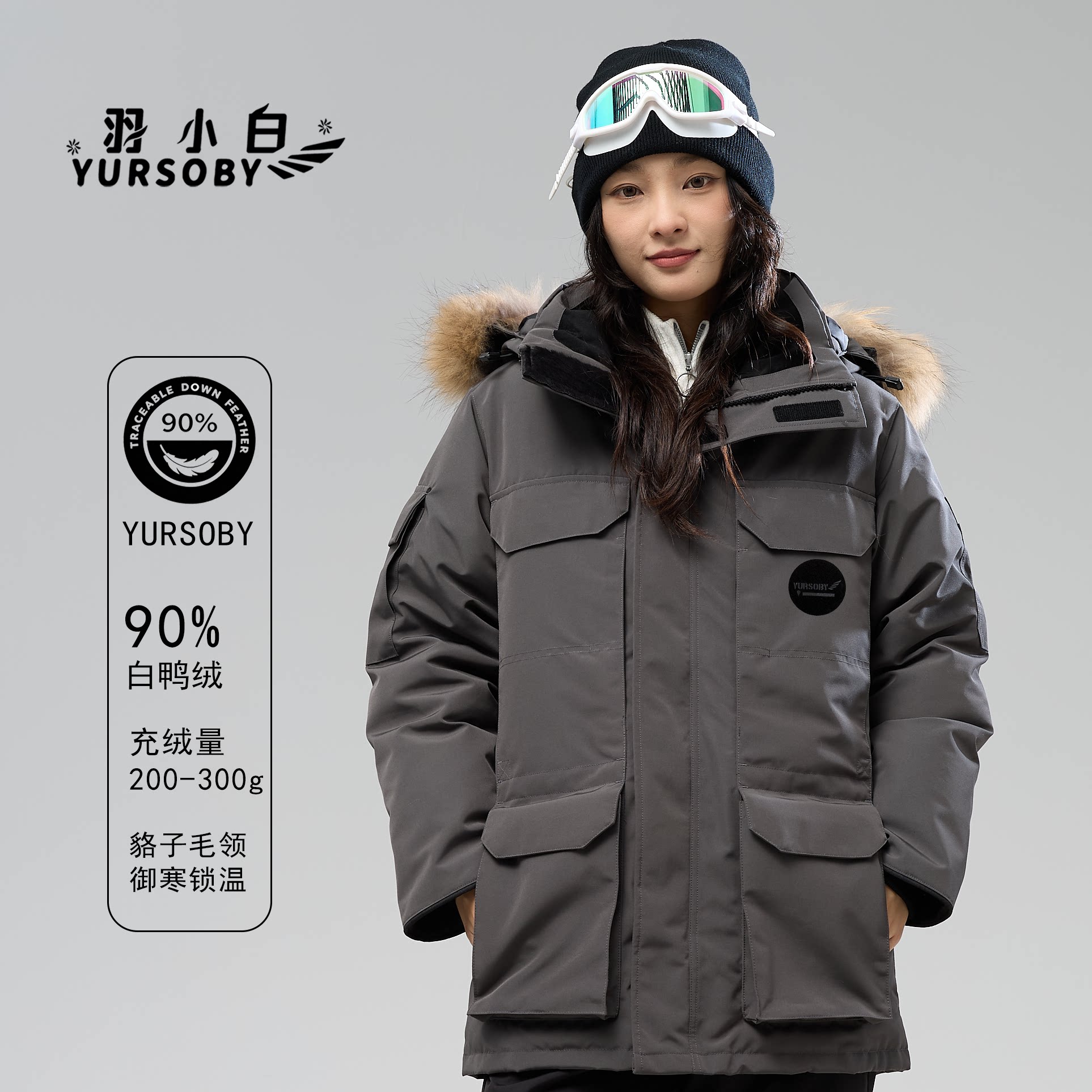 羽小白连帽工装中长款户外羽绒服