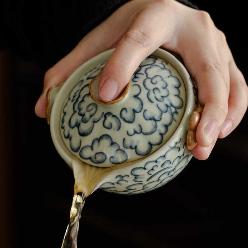 汝窑茶壶单个盖碗功夫茶具小号泡茶器青花开片可养陶瓷家用手抓壶