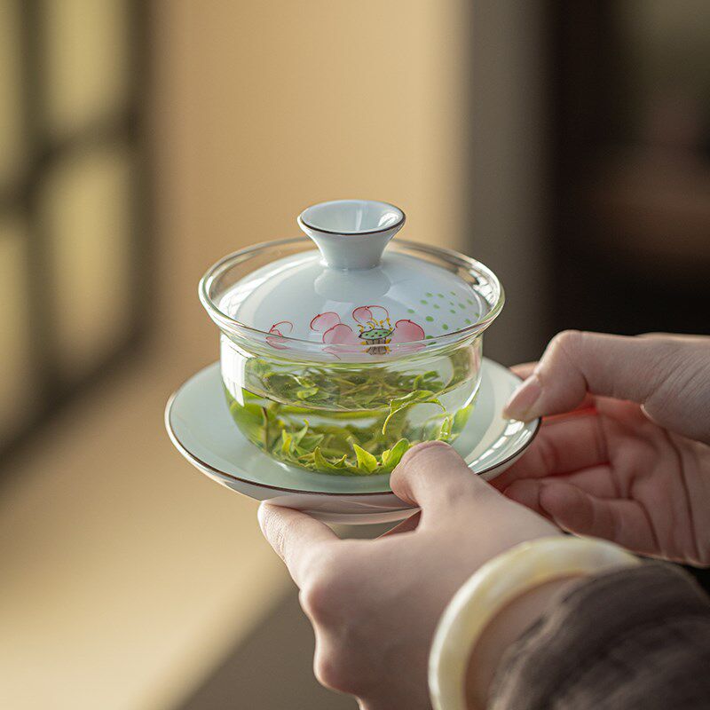 玻璃三才盖碗釉下彩手绘陶瓷茶具茶碗大号功夫茶杯敬茶碗品茶观汤